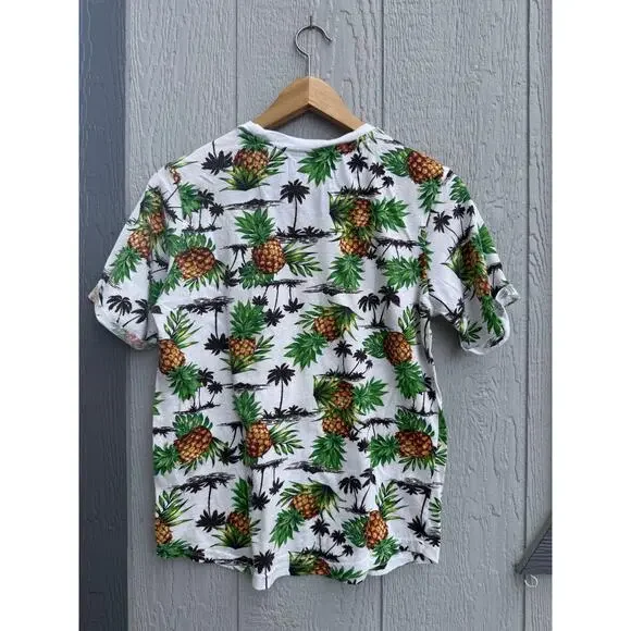 FREE PLANET white green pineapple palm tree print tropical cotton tshirt top - Picture 2 of 5